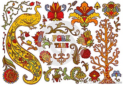 Folk tale ornament design elements set. Peacock bird, flowers, plants with decorative patterns Vector Illustration